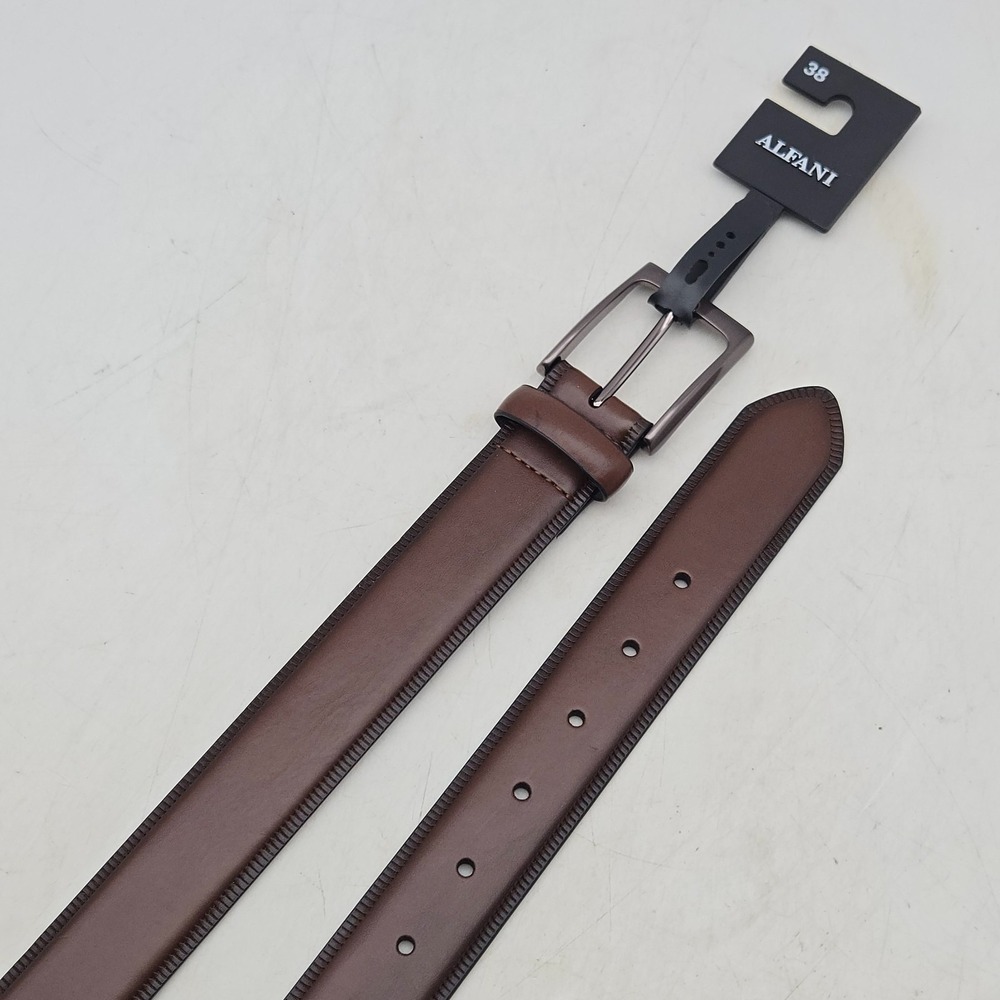Alfani Belt Brown Synthetic Leather Mens 38 Nickel Buckle New